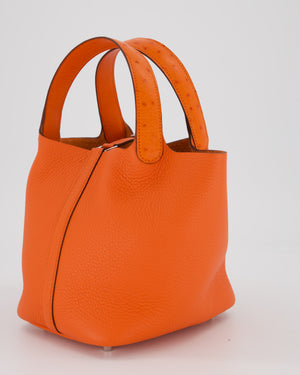 Hermès Picotin Lock Touch 18 Bag in Tangerine Taurillon Clemence and Ostrich Leather with Palladium Hardware
