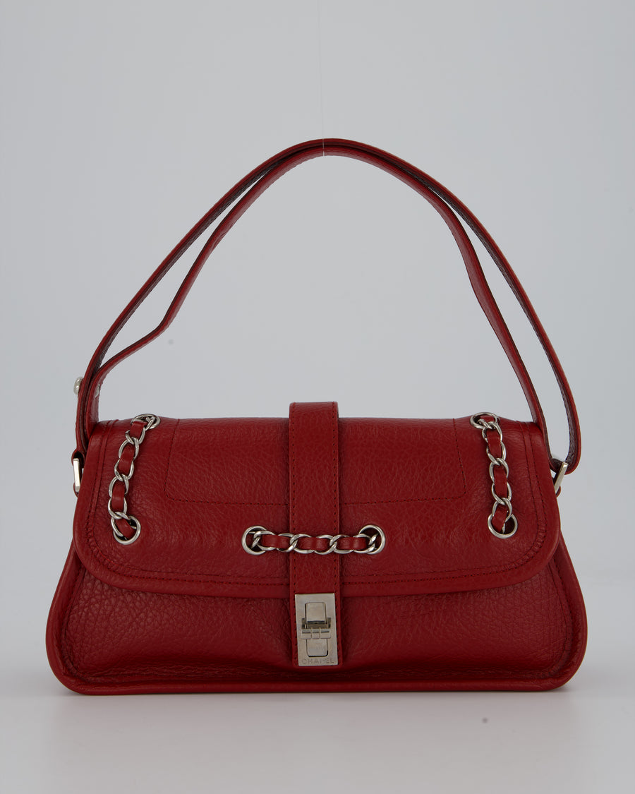 Chanel Mademoiselle Lock Flap Shoulder Bag in Red Grained Calfskin Leather with Silver Hardware