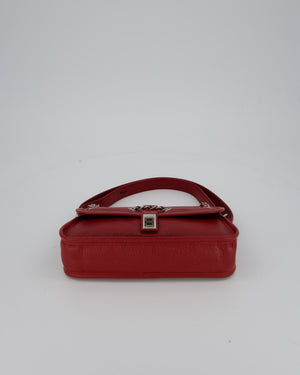 Chanel Mademoiselle Lock Flap Shoulder Bag in Red Grained Calfskin Leather with Silver Hardware
