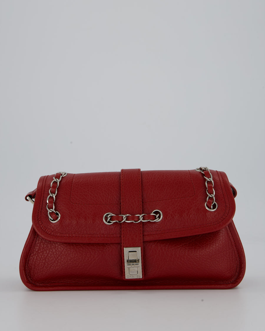 Chanel Mademoiselle Lock Flap Shoulder Bag in Red Grained Calfskin Leather with Silver Hardware