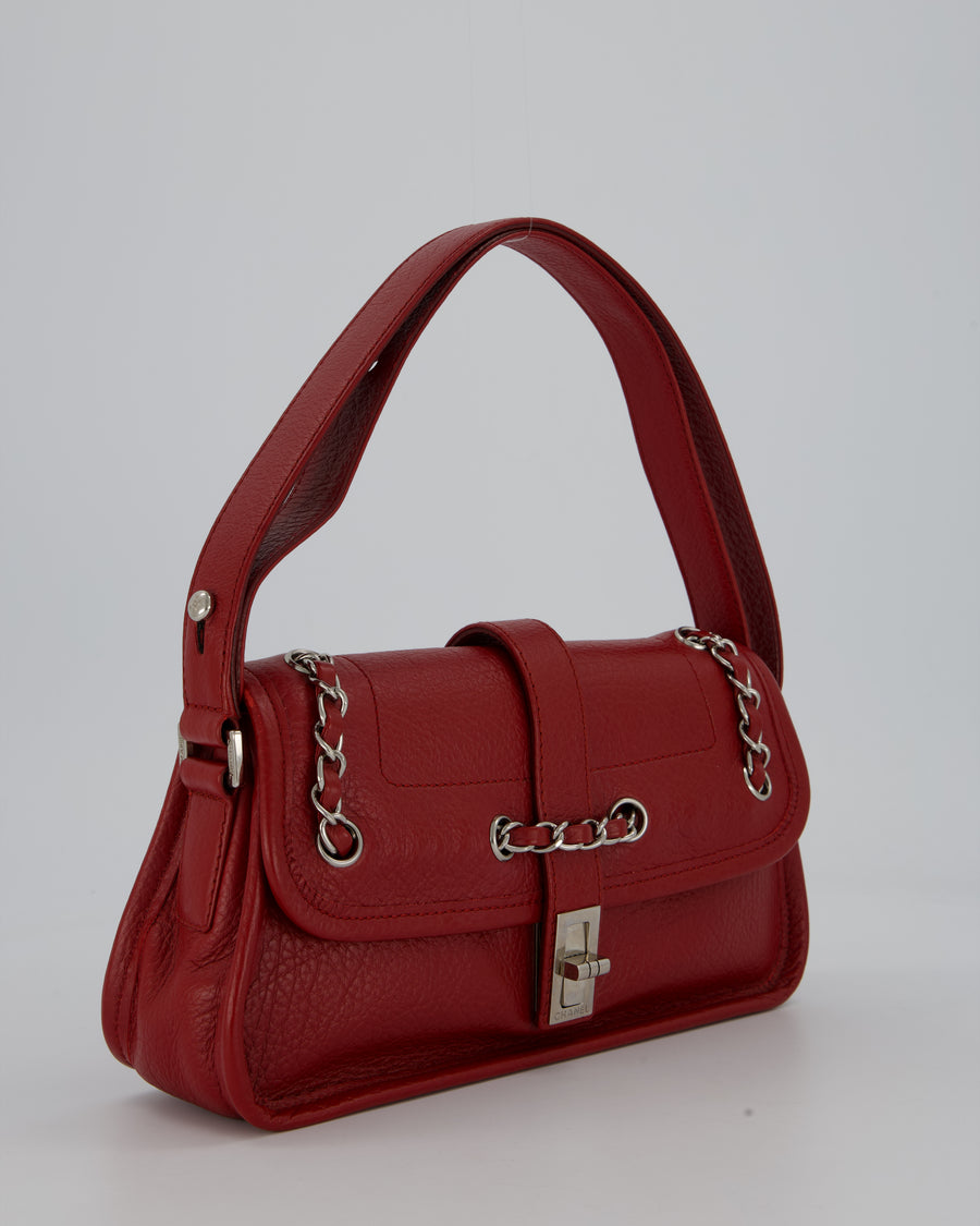 Chanel Mademoiselle Lock Flap Shoulder Bag in Red Grained Calfskin Leather with Silver Hardware