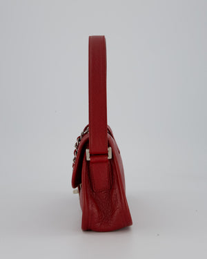 Chanel Mademoiselle Lock Flap Shoulder Bag in Red Grained Calfskin Leather with Silver Hardware