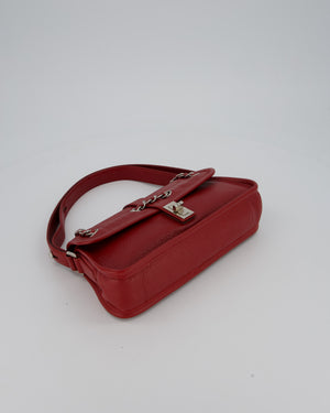Chanel Mademoiselle Lock Flap Shoulder Bag in Red Grained Calfskin Leather with Silver Hardware