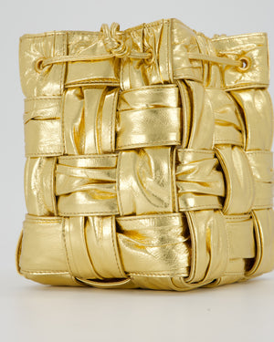 Bottega Veneta Aged Gold Intrecciatto Cassette Cross Body Bucket Bag in Calfskin Leather