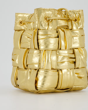 Bottega Veneta Aged Gold Intrecciatto Cassette Cross Body Bucket Bag in Calfskin Leather
