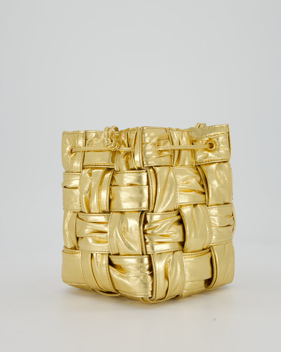 Bottega Veneta Aged Gold Intrecciatto Cassette Cross Body Bucket Bag in Calfskin Leather