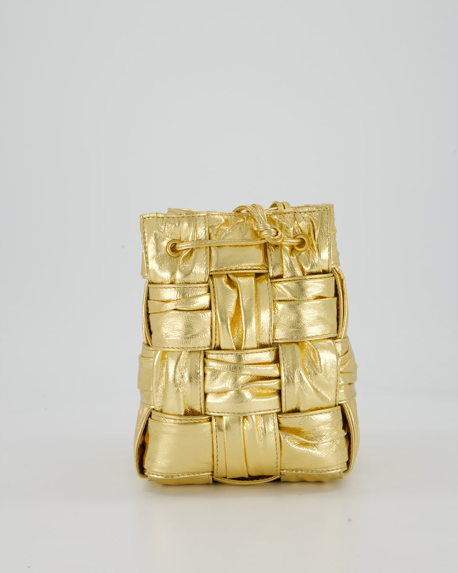 Bottega Veneta Aged Gold Intrecciatto Cassette Cross Body Bucket Bag in Calfskin Leather