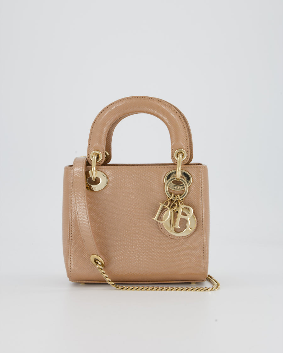 Christian Dior Mini Lady Dior Bag in Beige Lizard Leather with Champagne Gold Hardware