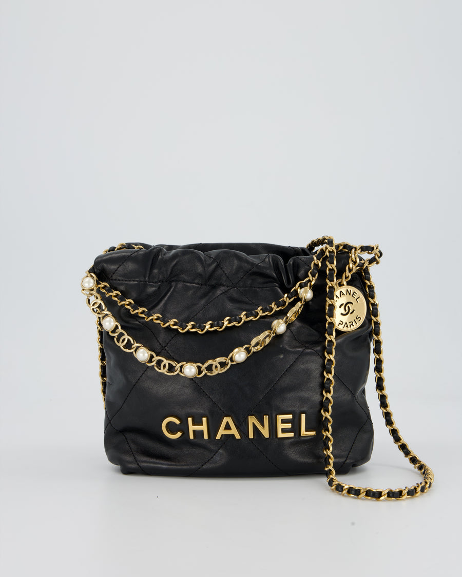 Chanel Black Mini 22 Bag in Lambskin Leather with Gold Hardware