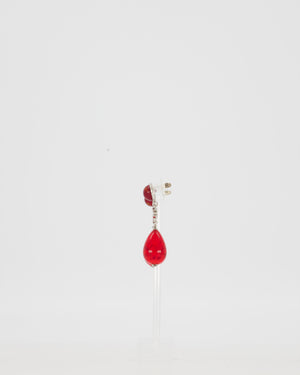 Chanel M'A26 Silver Pendant Earrings with CC Logo and Red Glass Pearls