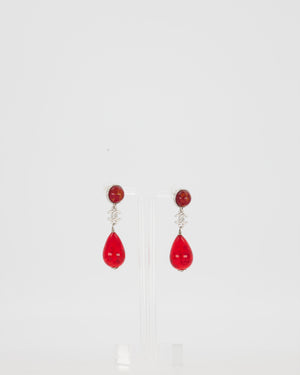 Chanel M'A26 Silver Pendant Earrings with CC Logo and Red Glass Pearls