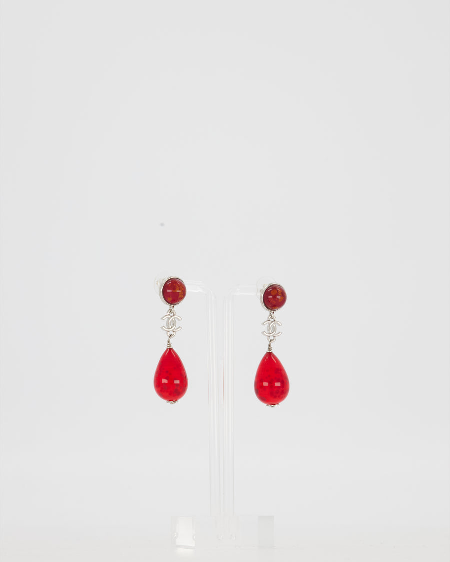 Chanel M'A26 Silver Pendant Earrings with CC Logo and Red Glass Pearls