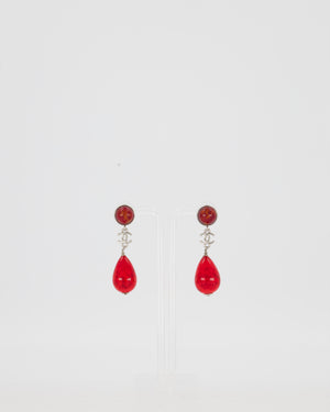 Chanel M'A26 Silver Pendant Earrings with CC Logo and Red Glass Pearls