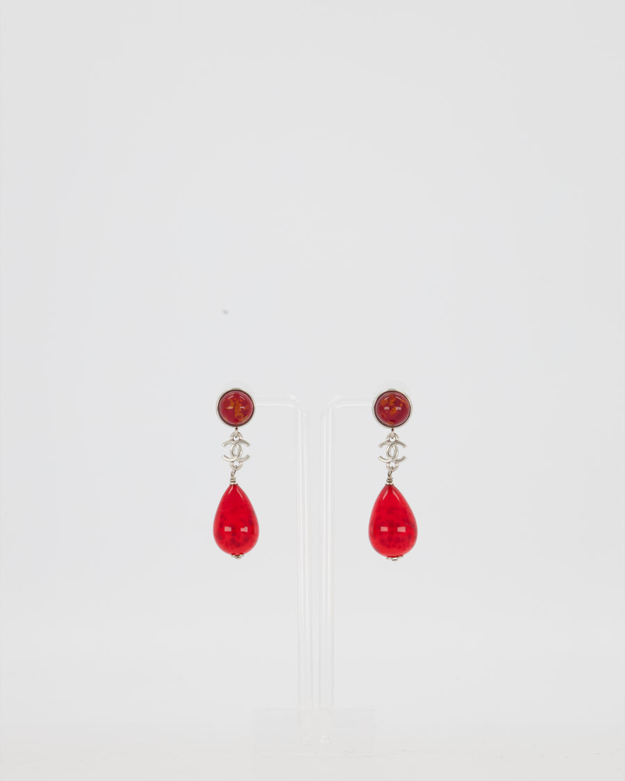 Chanel M'A26 Silver Pendant Earrings with CC Logo and Red Glass Pearls