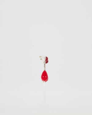 Chanel M'A26 Silver Pendant Earrings with CC Logo and Red Glass Pearls