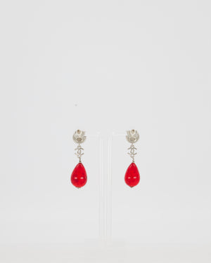 Chanel M'A26 Silver Pendant Earrings with CC Logo and Red Glass Pearls
