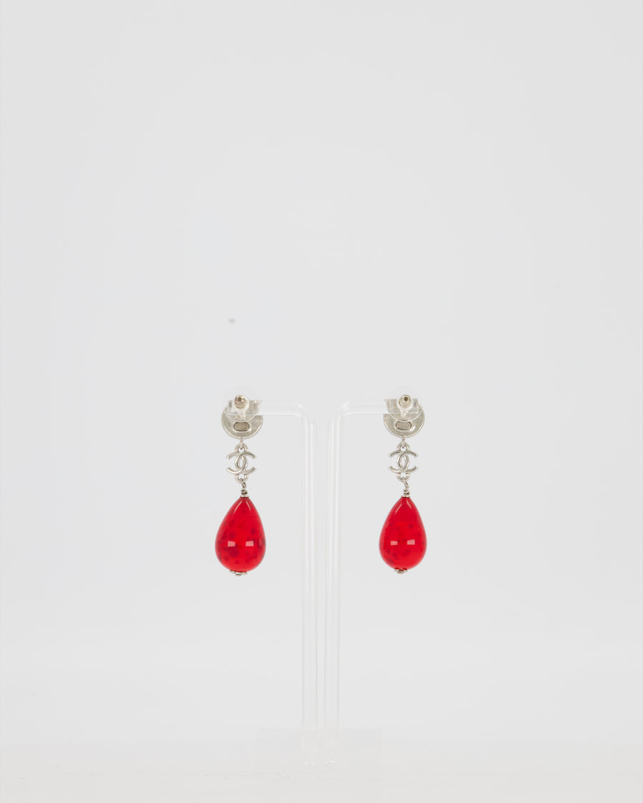 Chanel M'A26 Silver Pendant Earrings with CC Logo and Red Glass Pearls