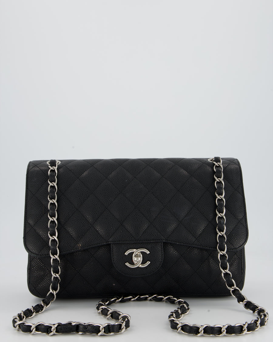 Chanel Black Jumbo Classic Double Flap Bag in Caviar Leather with Silver Hardware