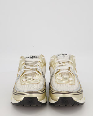 Chanel White and Metallic Gold/Silver Sneakers with CC Logo in Fabric and Laminated Leather Size EU 42