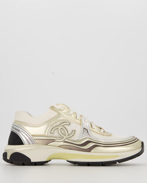 Chanel White and Metallic Gold/Silver Sneakers with CC Logo in Fabric and Laminated Leather Size EU 42