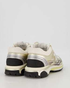 Chanel White and Metallic Gold/Silver Sneakers with CC Logo in Fabric and Laminated Leather Size EU 42