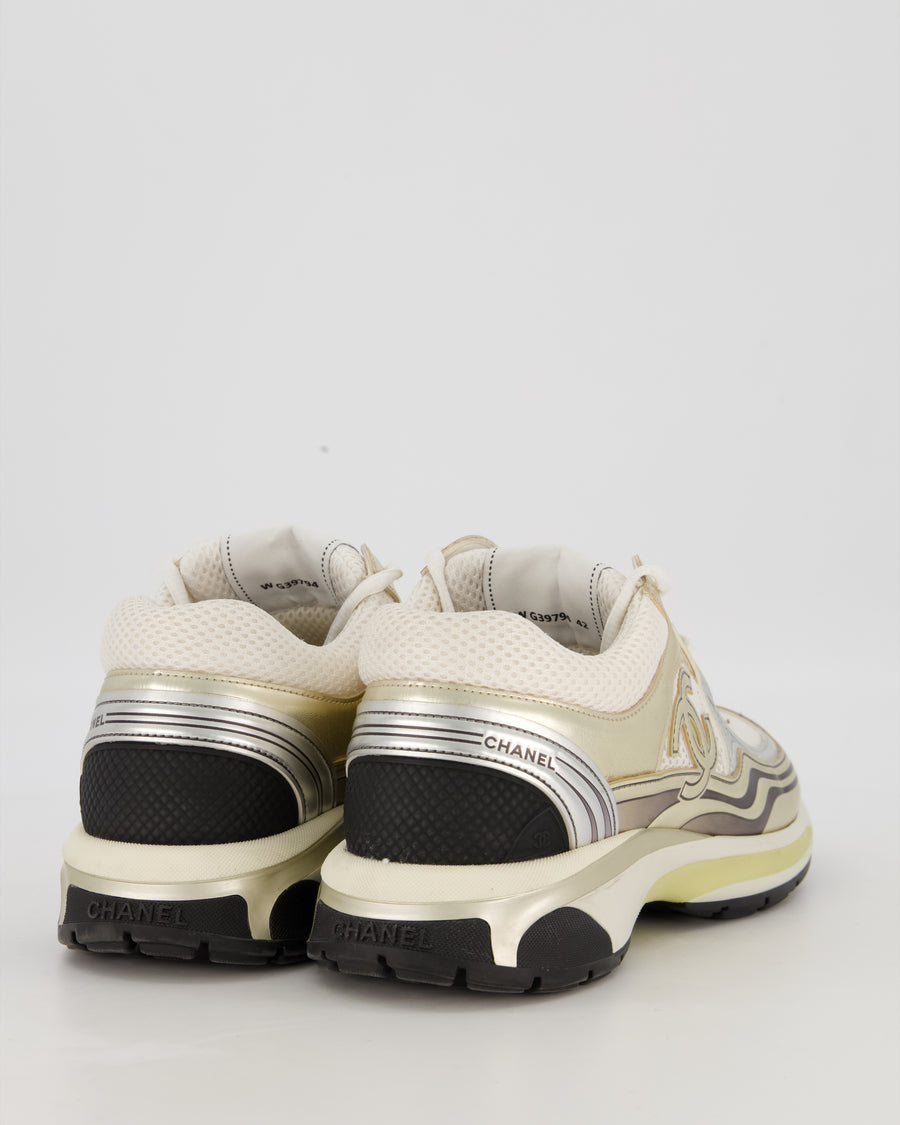 Chanel White and Metallic Gold/Silver Sneakers with CC Logo in Fabric and Laminated Leather Size EU 42