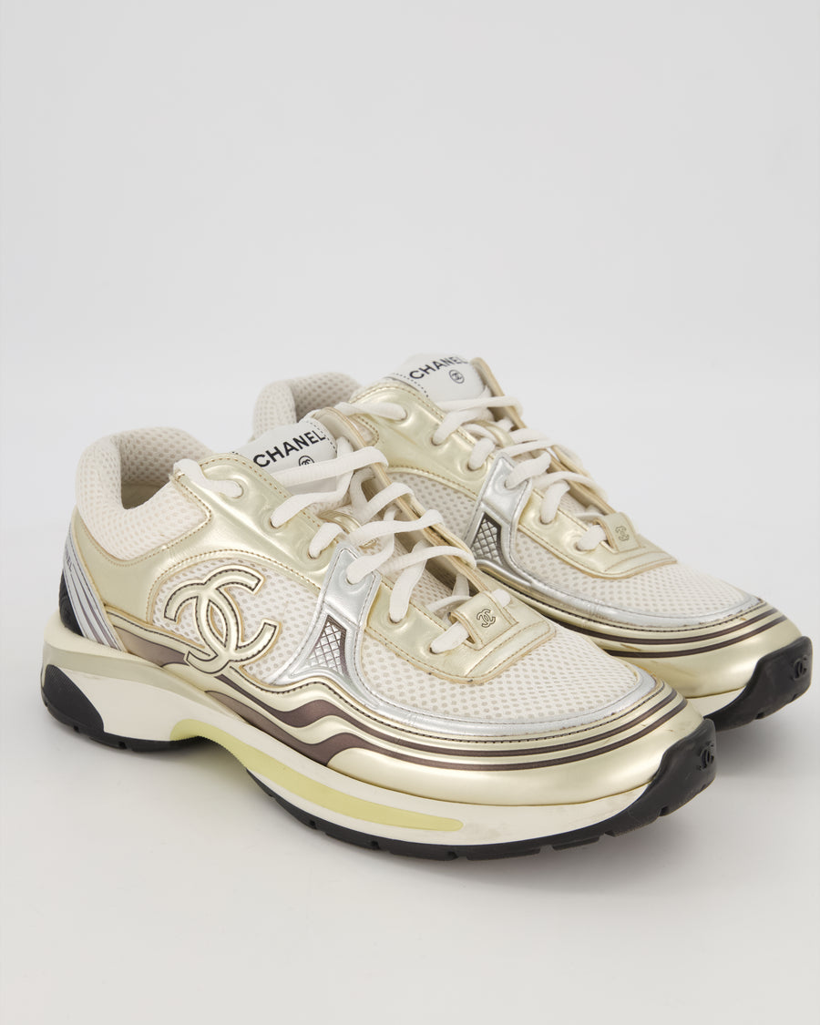 Chanel White and Metallic Gold/Silver Sneakers with CC Logo in Fabric and Laminated Leather Size EU 42