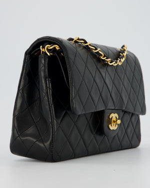 Chanel Vintage Medium Classic Double Flap Bag in Black Lambskin Leather with 24k Gold Hardware