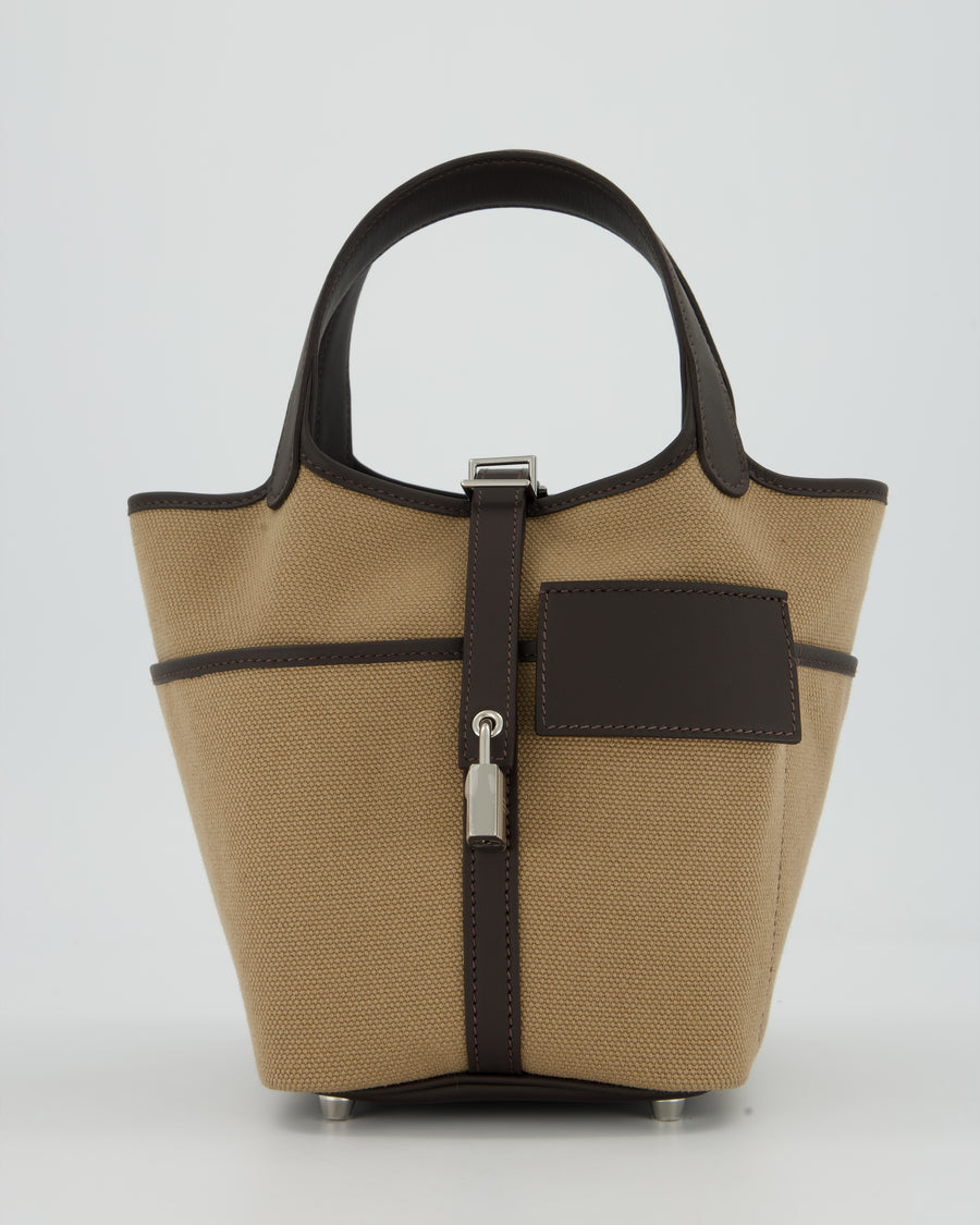 Hermès Picotin 18 Lock Cargo Bag in Mousse Canvas and Bai Brun Swift Leather with Palladium Hardware