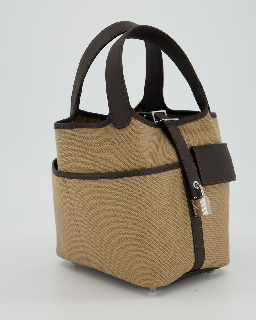 Hermès Picotin 18 Lock Cargo Bag in Mousse Canvas and Bai Brun Swift Leather with Palladium Hardware