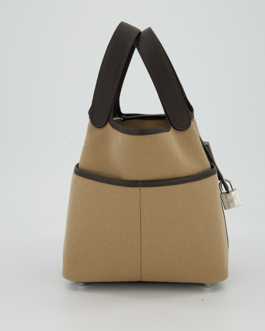 Hermès Picotin 18 Lock Cargo Bag in Mousse Canvas and Bai Brun Swift Leather with Palladium Hardware