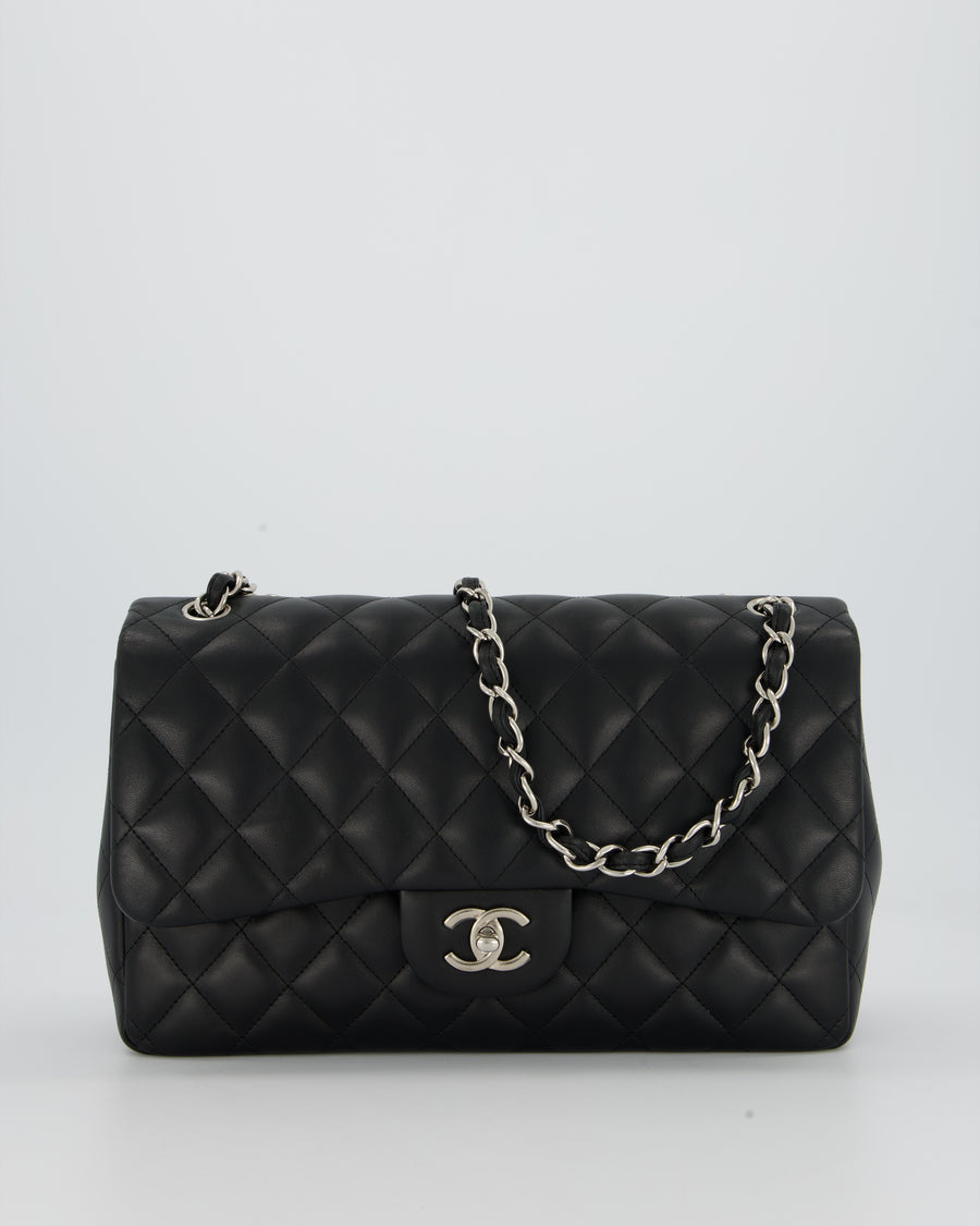 Chanel Black Jumbo Classic Double Flap Bag in Lambskin Leather with Silver Hardware