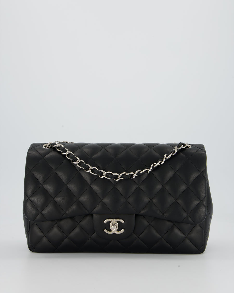 Chanel Black Jumbo Classic Double Flap Bag in Lambskin Leather with Silver Hardware