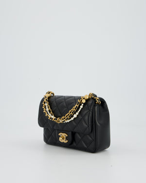 Chanel Black Pearl Twist Mini Square Single Flap Bag In Lambskin Leather With Gold Hardware
