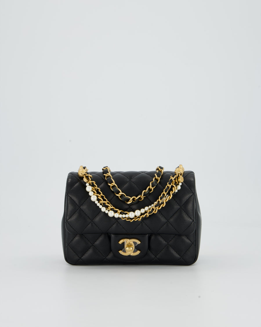 Chanel Black Pearl Twist Mini Square Single Flap Bag In Lambskin Leather With Gold Hardware