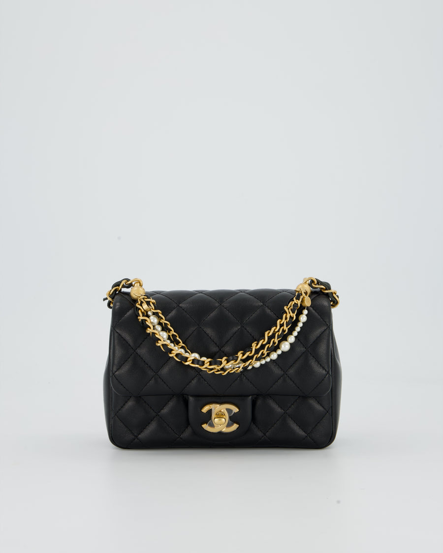 Chanel Black Pearl Twist Mini Square Single Flap Bag In Lambskin Leather With Gold Hardware