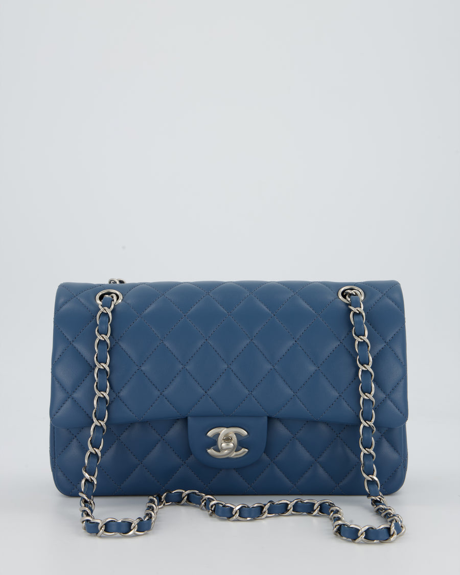 Chanel Dusty Blue Medium Classic Double Flap Bag in Lambskin Leather with Silver Hardware