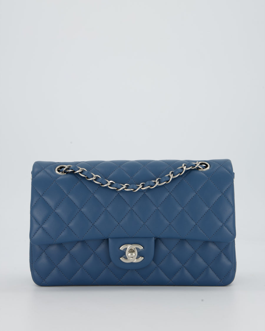 Chanel Dusty Blue Medium Classic Double Flap Bag in Lambskin Leather with Silver Hardware