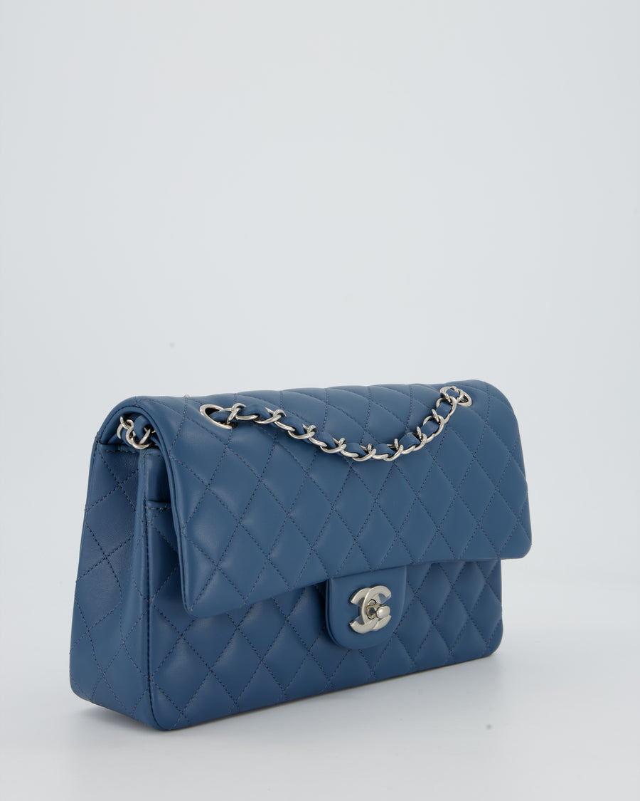 Chanel Dusty Blue Medium Classic Double Flap Bag in Lambskin Leather with Silver Hardware