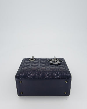 Christian Dior Medium Lady Dior Bag in Metallic Deep Blue Crinkled Lambskin Leather with Ruthenium Hardware