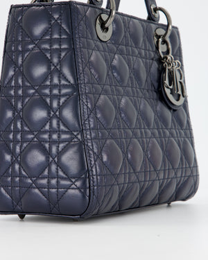 Christian Dior Medium Lady Dior Bag in Metallic Deep Blue Crinkled Lambskin Leather with Ruthenium Hardware