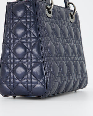 Christian Dior Medium Lady Dior Bag in Metallic Deep Blue Crinkled Lambskin Leather with Ruthenium Hardware