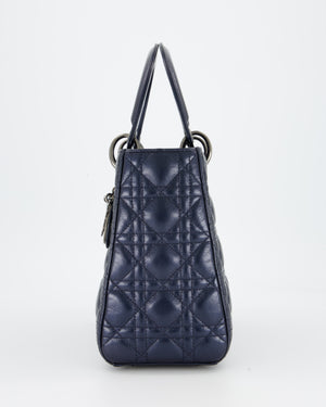 Christian Dior Medium Lady Dior Bag in Metallic Deep Blue Crinkled Lambskin Leather with Ruthenium Hardware