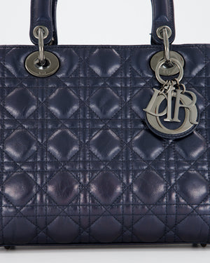 Christian Dior Medium Lady Dior Bag in Metallic Deep Blue Crinkled Lambskin Leather with Ruthenium Hardware