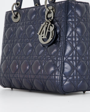 Christian Dior Medium Lady Dior Bag in Metallic Deep Blue Crinkled Lambskin Leather with Ruthenium Hardware