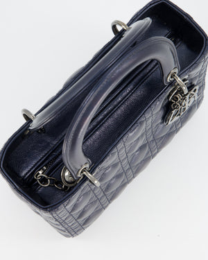 Christian Dior Medium Lady Dior Bag in Metallic Deep Blue Crinkled Lambskin Leather with Ruthenium Hardware