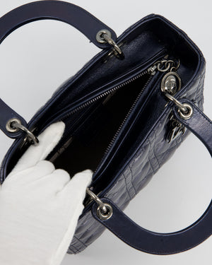 Christian Dior Medium Lady Dior Bag in Metallic Deep Blue Crinkled Lambskin Leather with Ruthenium Hardware