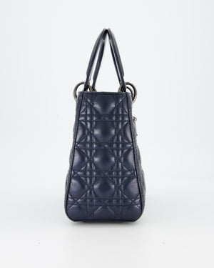 Christian Dior Medium Lady Dior Bag in Metallic Deep Blue Crinkled Lambskin Leather with Ruthenium Hardware