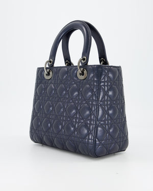 Christian Dior Medium Lady Dior Bag in Metallic Deep Blue Crinkled Lambskin Leather with Ruthenium Hardware
