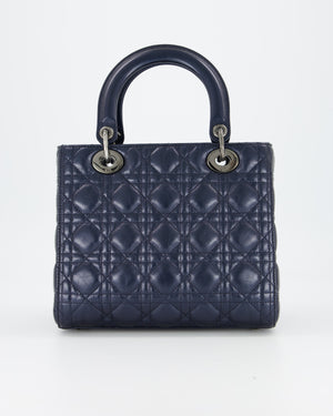 Christian Dior Medium Lady Dior Bag in Metallic Deep Blue Crinkled Lambskin Leather with Ruthenium Hardware